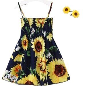 Girls Navy Sunflower Sun Dress with Hair Clips 2T 3T 4T  5T 6 NEW